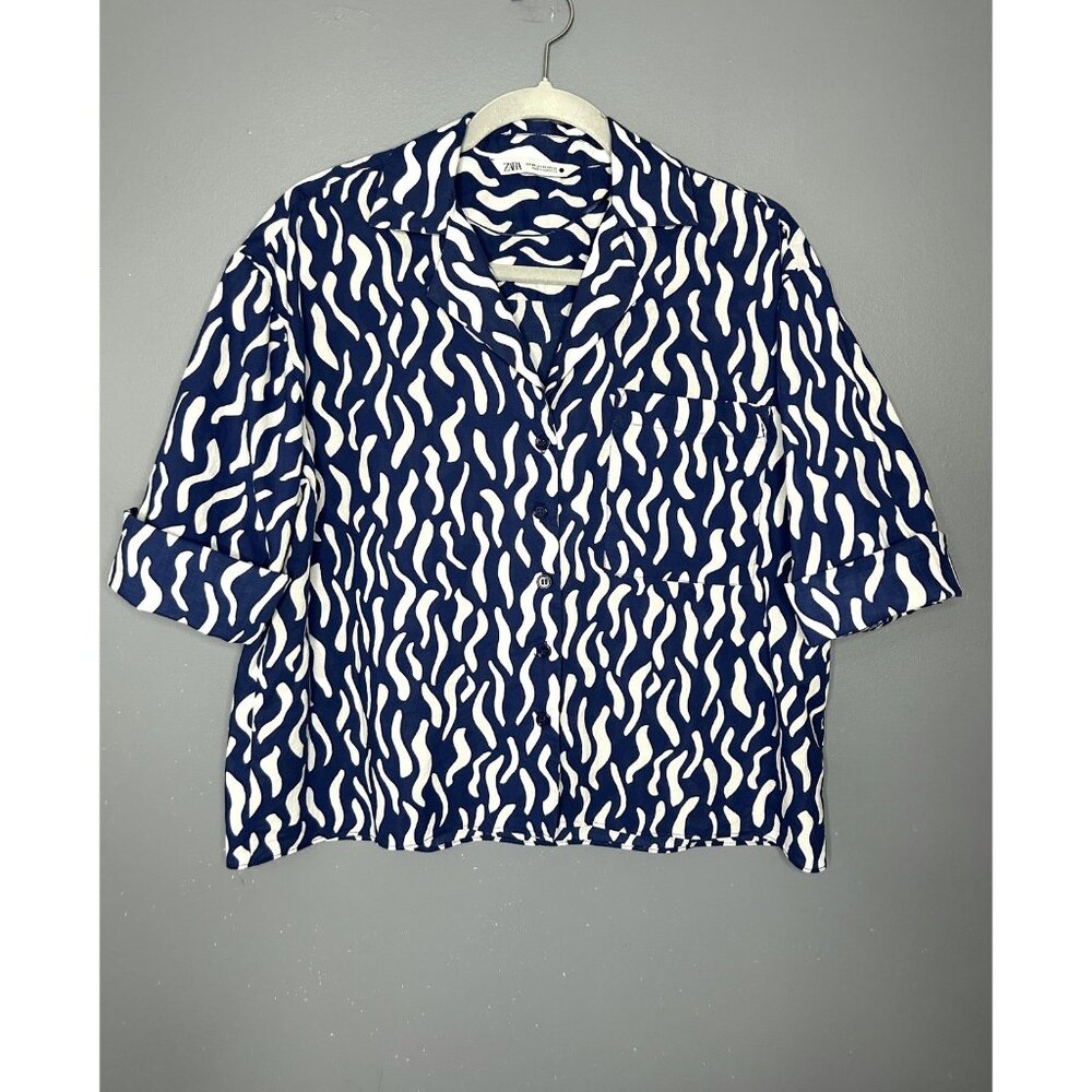 Zara Shirt Womens XS Navy White Abstract Boxy Button Down Artsy Boho 3/4 Spring